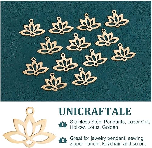 Miniatura 5 de UNICRAFTALE 20pcs 0.063 in agujero 201 colgantes de acero inoxidable Lotus Flower Charm Flat Hollow Links Yoga Charm Metal Laser Cut Blossom Cut Out