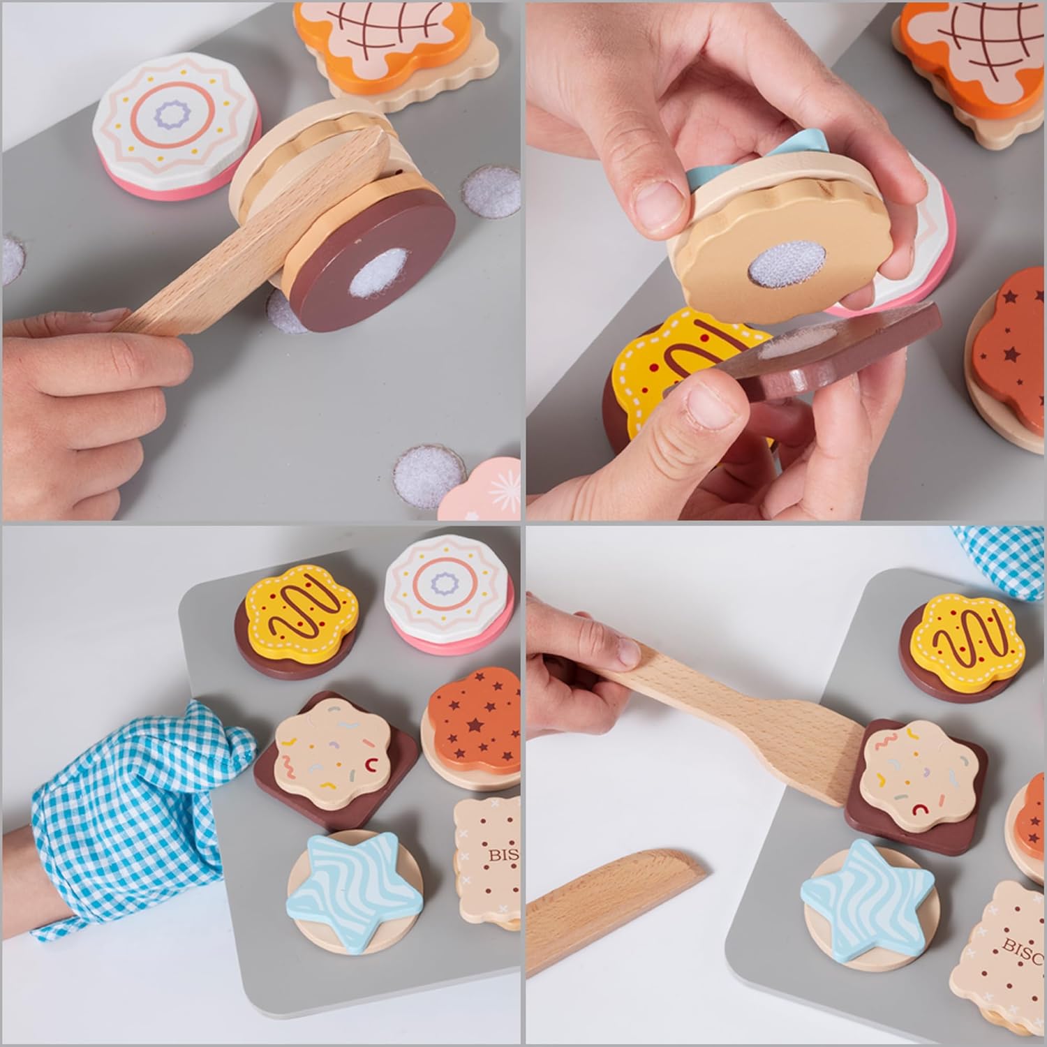 28pcs Wooden Cookie Maker Toy Kitchen Accessories, Kids Play Kitchen Cutting and Baking Food Toys Cookies Bakery Playset, Toddler Pretend Play Toy Food Set Boys and Girls Birthday Gift - Image 3
