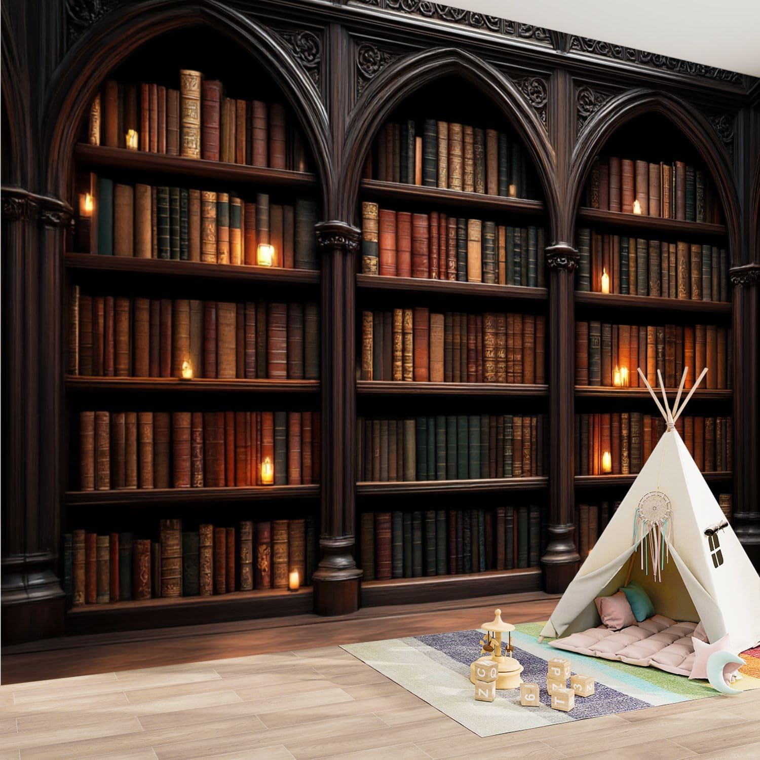 Peel & Stick Wallpaper Vintage Bookshelf Library Bookshelf Wooden Bookshelves Lit Candles Renter Friendly Wall Mural Self Adhesive Wall Decals for Boys Girls Bedroom Apartment Decor 100"x144"