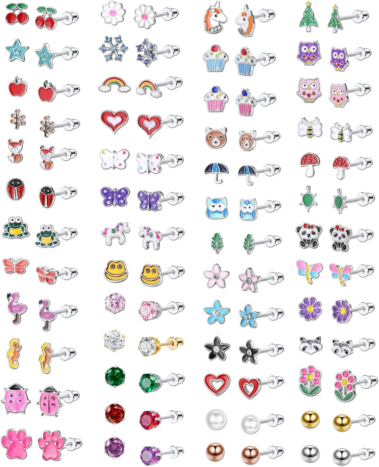 51Pairs Kids Earrings for Girls Children Cute Small Stud Earrings Set With Hypoallergenic Stainless Steel Ear Needles, Coloured CZ Animals Flower Fruit Pearls Star Earrings Jewellery Gifts
