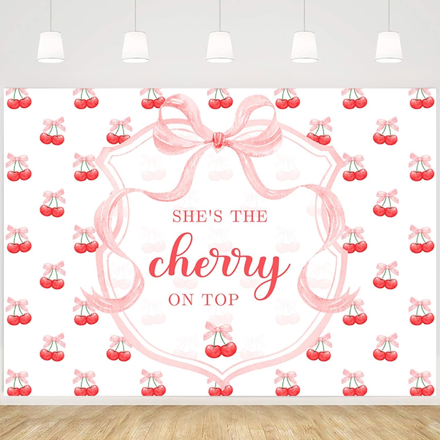 MEHOFOND 5x3ft She's The Cherry on Top Baby Shower Backdrop for Girl Cherry Theme Coquette Bridal Shower Decorations Pink Bow Party Decor Cherry Bride