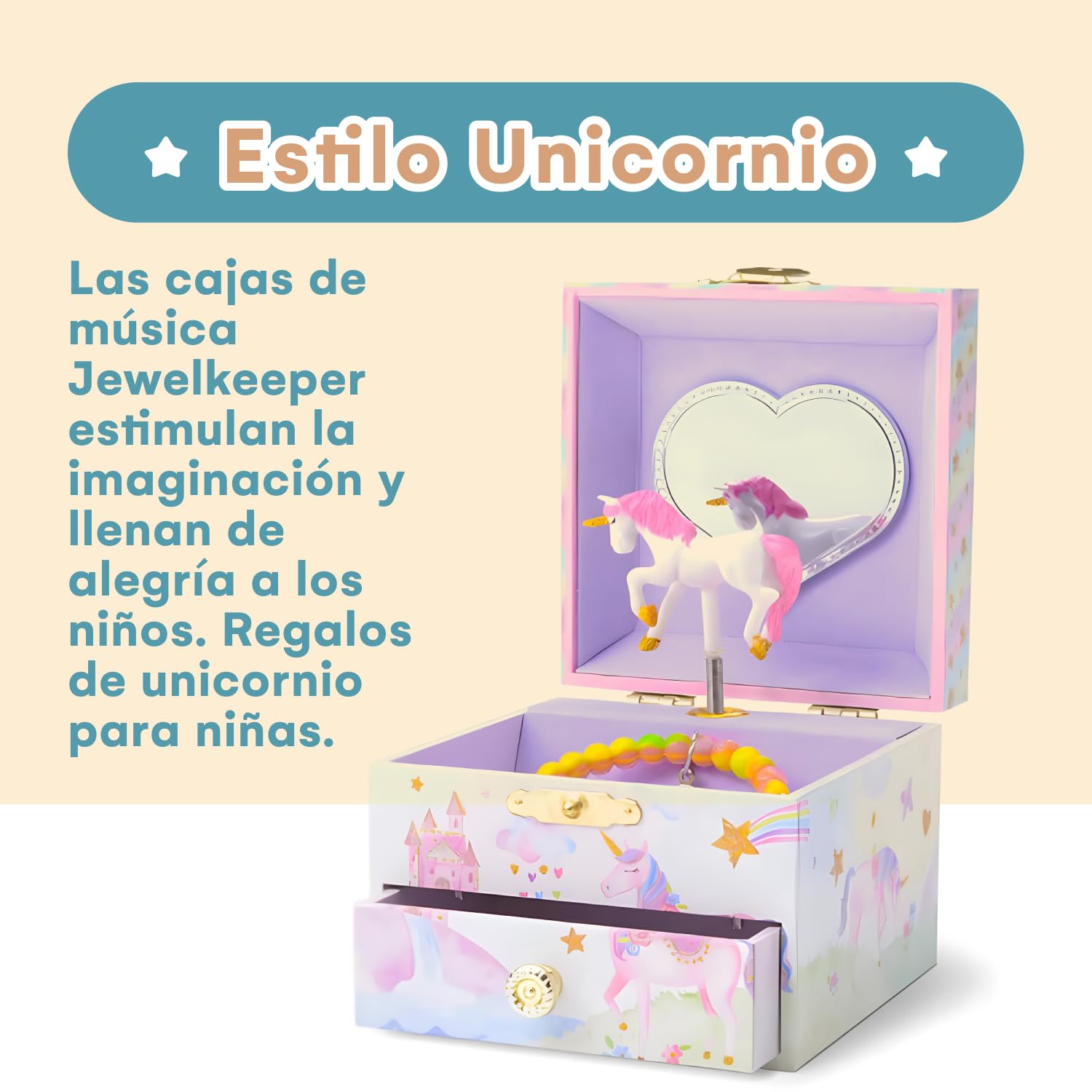 Jewelkeeper Joyeros Infantiles Cajón Musical Unicornio Arcoíris Brillante Cofre Tesoro Rosa 12 x 11 x 9 cm