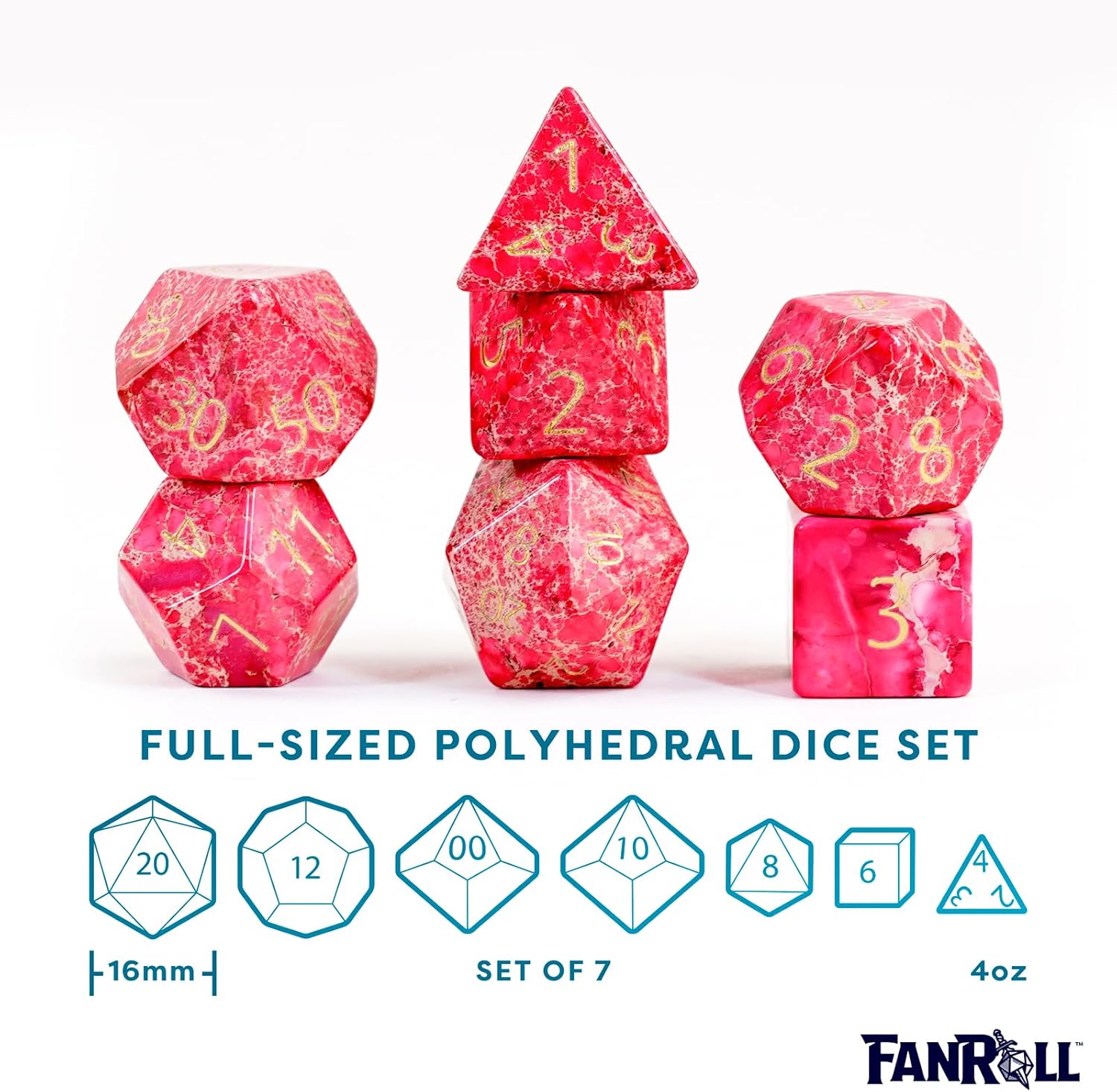 FanRoll 16mm Stone Poly DND Dice Set: Engraved Imperial Stone: Red, Role Playing Game Dice for Dungeons and Dragons