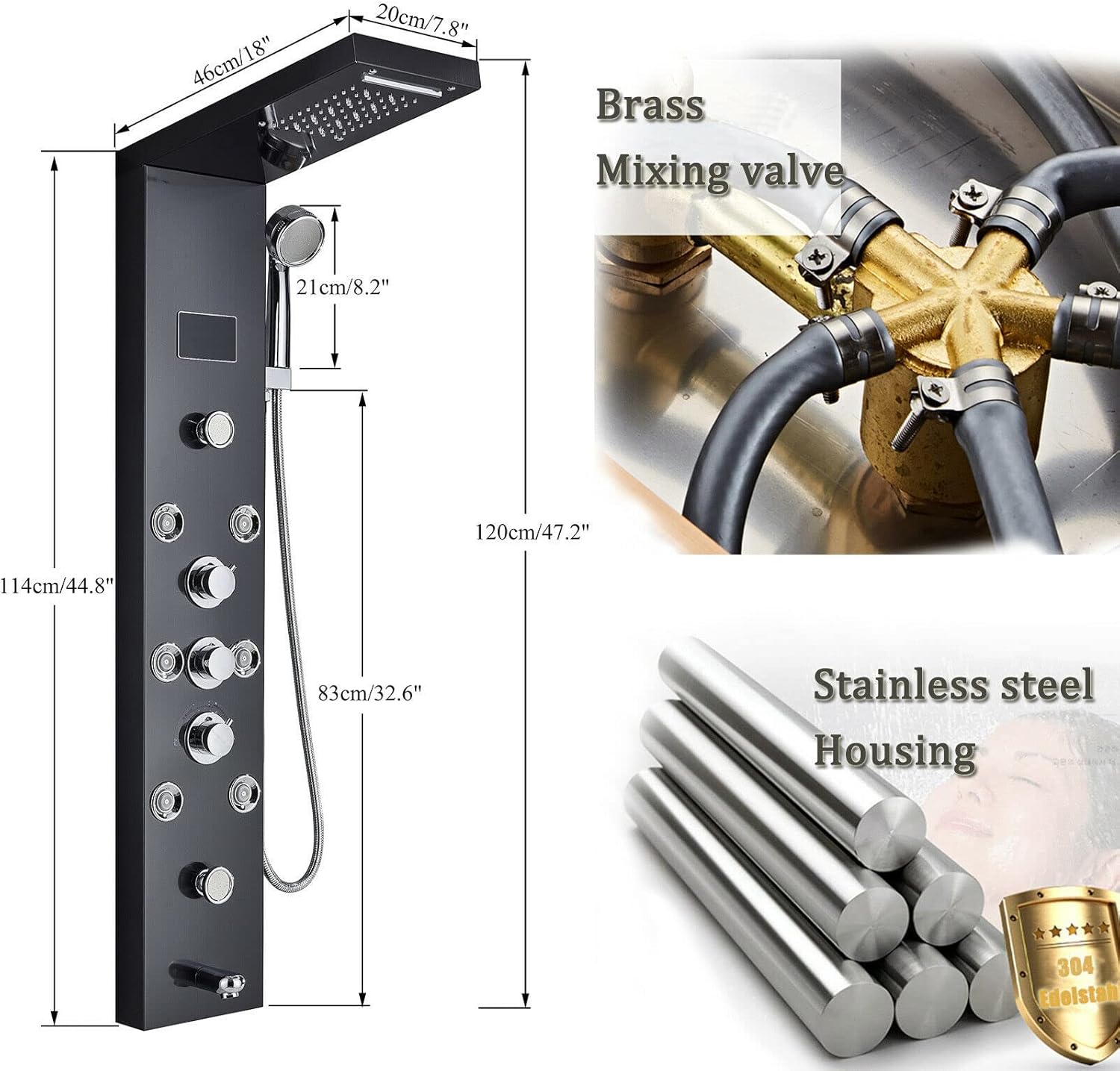 LED Rain Shower Panel Tower System Rainfall Waterfall Massage Body Jets Kit Faucet Black A