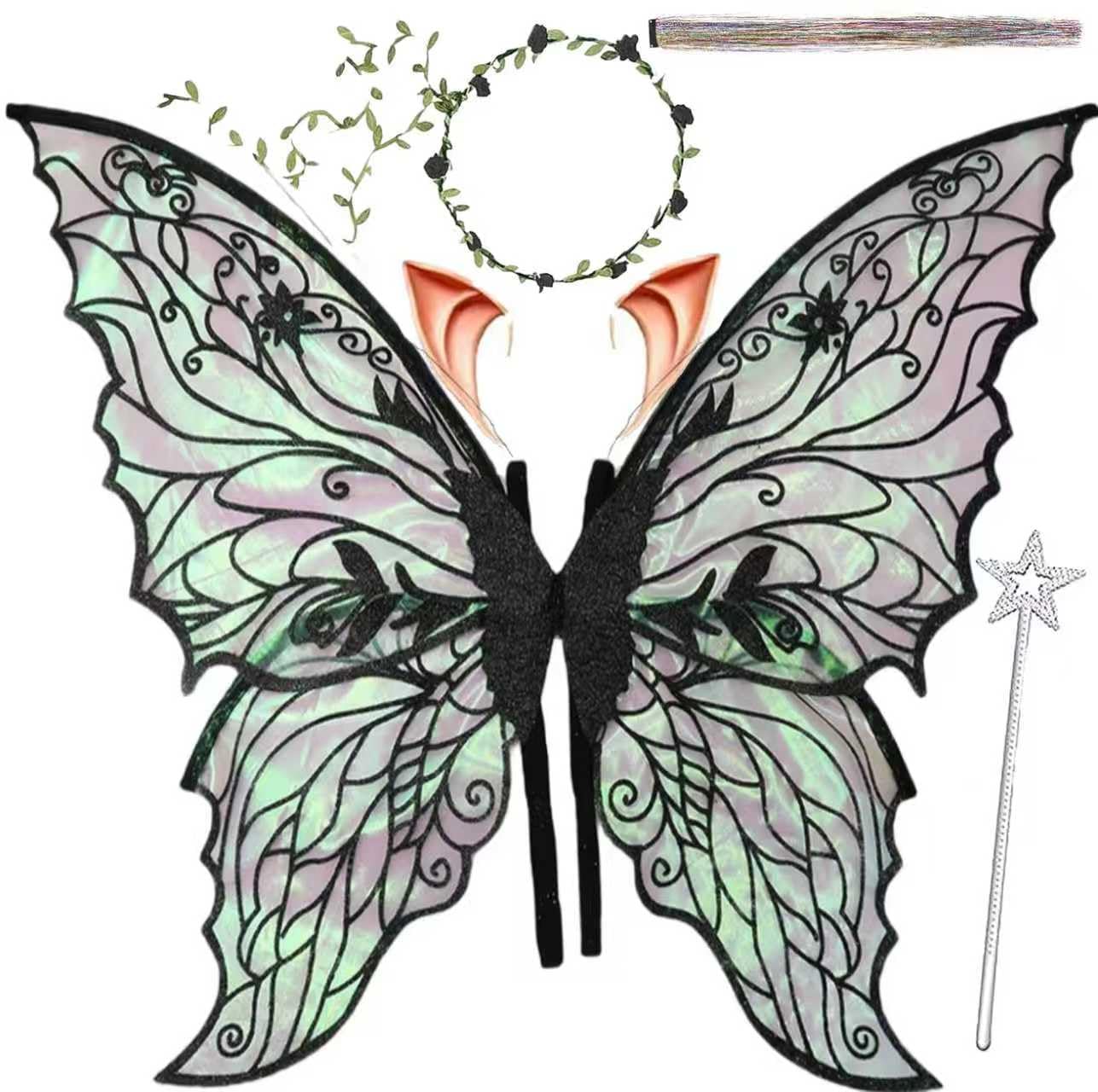 Fairy Wings for Adults，Fairy Costume Set with Floral Garland, Fairy Hair Tinsel, Wand & Elf Ears – 29"x21" Organza Butterfly Wings – Ideal for Cosplay, Party, Black