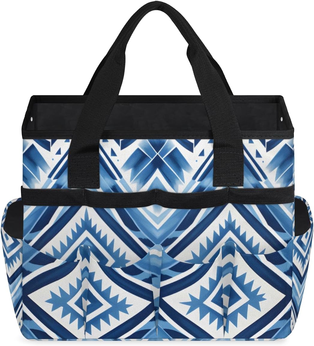 Aztec Leaves Garden Tool Bag Tote for Men Women Multiple Pockets Wide Mouth Heavy Duty Waterproof Tool Organizer Bag for Outdoor Lawn Yard Portable Gardening Storage With Elasticbands