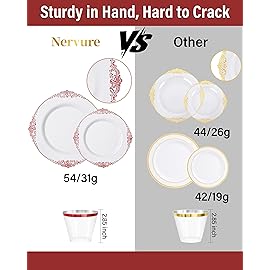 Nervure 350PCS Red Plastic Plates - White Red Plastic Dinnerware Set for 50 Guests - 100 Red Disposable Plates, 50 Pre Rolled Cutlery Set, 50 Cups Perfect for Wedding, Party & Christmas