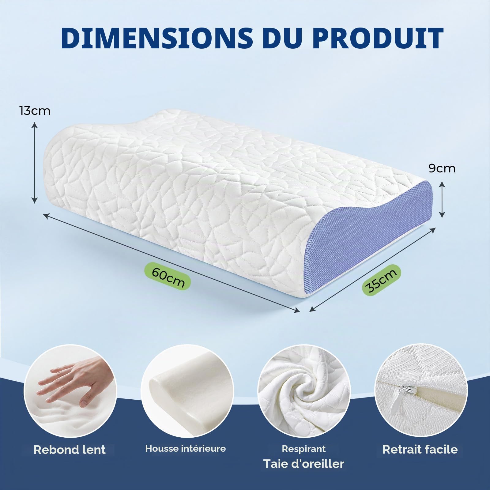 PKBD Oreiller Mousse Mémoire, 2 Hauteurs Ergonomique, Blanc-Violet