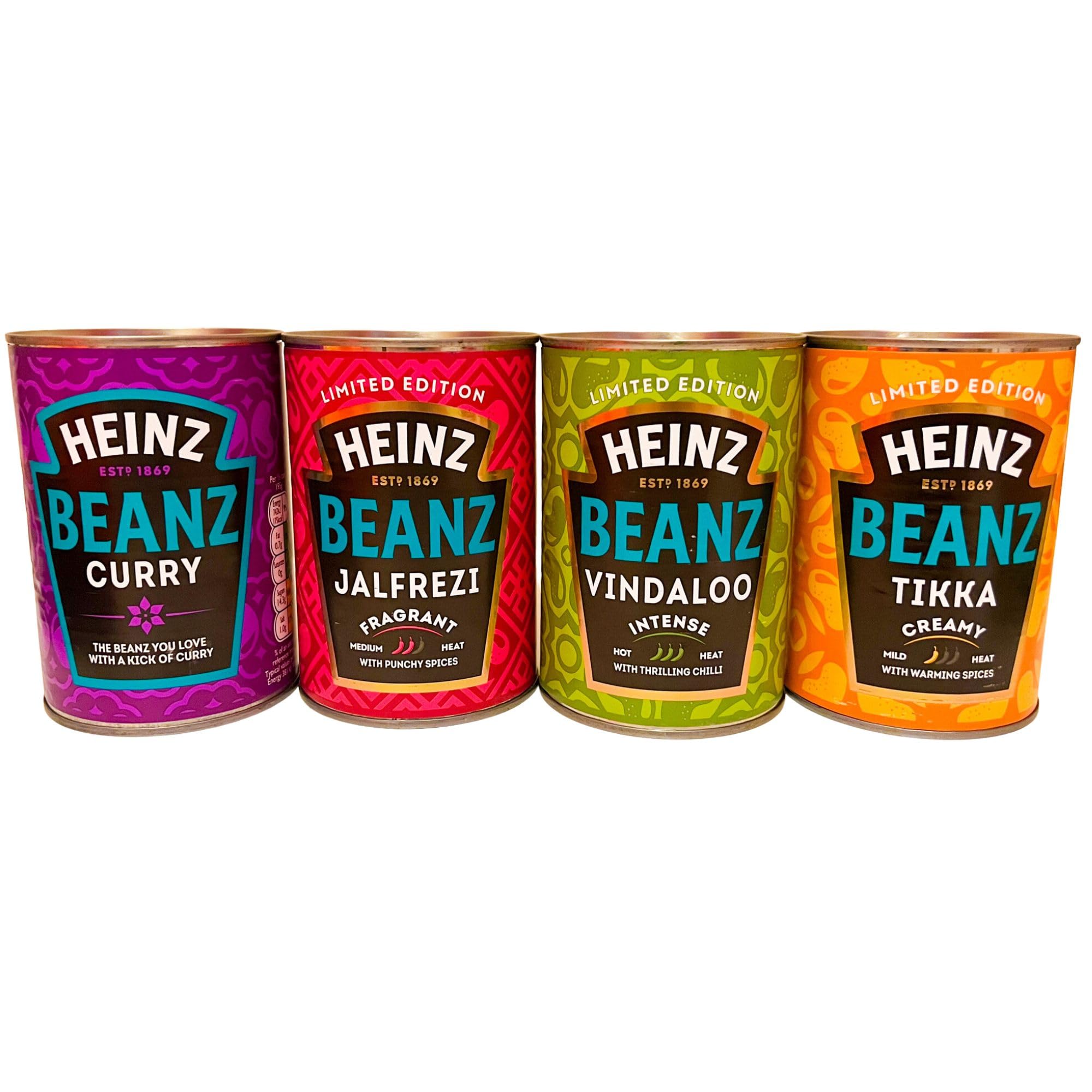 Heinz Baked Beans Curry Beanz Bundle: 1 x Tikka 390g, 1 x Jalfrezi 390g, 1 x Vindaloo 390g, 1 x Curry 390g