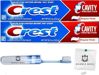 Fluoride Cavity Protection Toothpaste - 8.2 Ounce (2pk) + Bundle Boss Travel Toothbrush & Mints - Regular Paste, Bulk Toothpaste, Prevents Cavities, Keeps Breath Fresh, Compatible with Crest