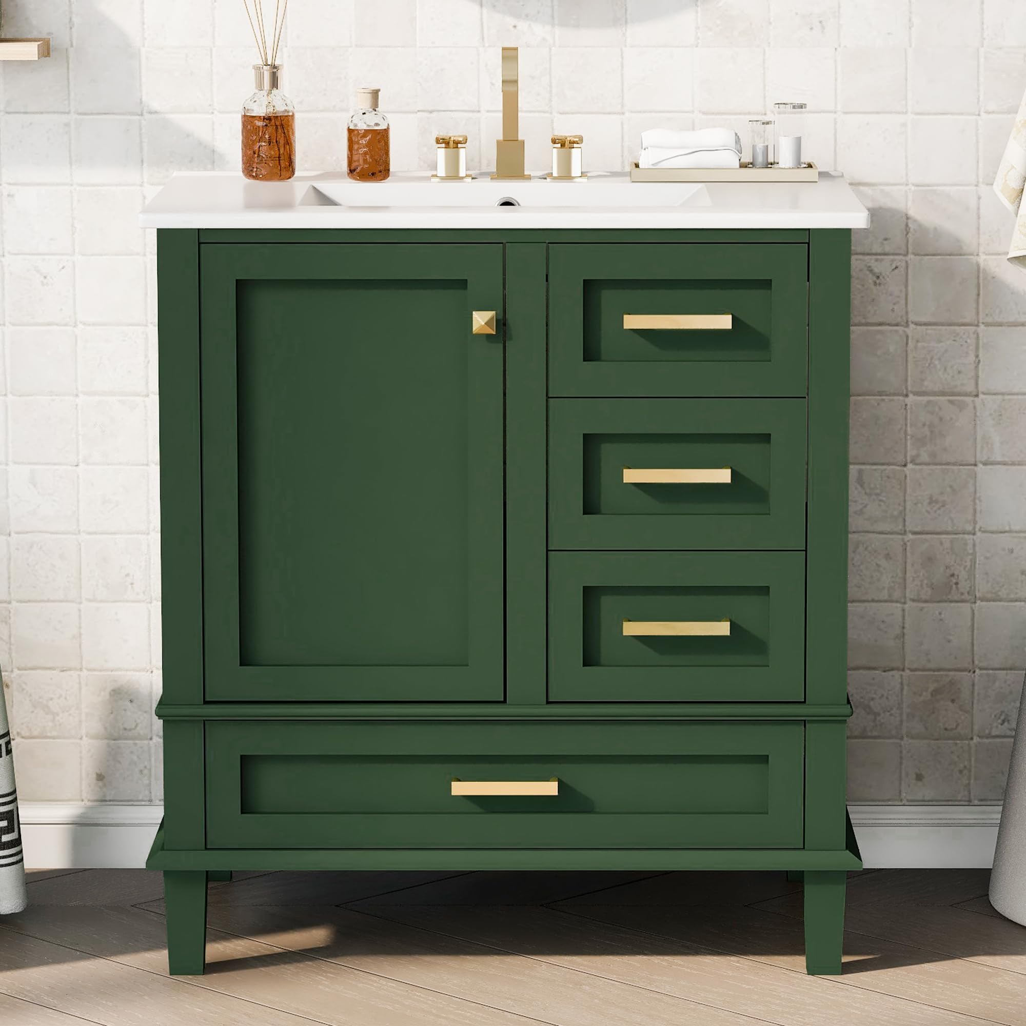 LUMISOL 30" Bathroom Vanity with Single Sink, Freestanding Bathroom Sink Cabinet with 3 Drawers & Soft-Close Door, Solid Wood Bathroom Vanity with Ceramic Basin Countertop for Small Space, Green
