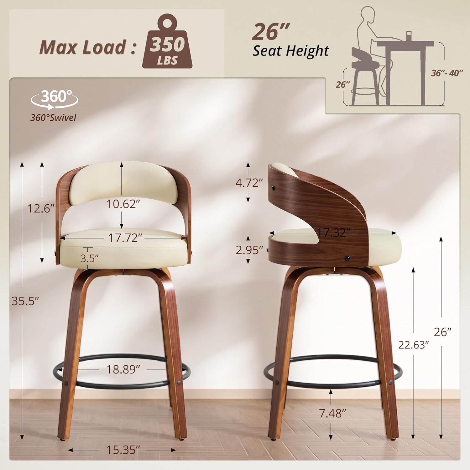 26" Swivel Bar Stools Set of 2,Faux Leather Upholstered Counter Height Barstools with Back,Mid-Century Modern Bar Chairs with Bentwood Legs and Footrest for Kitchen Island Bar Counter Beige
