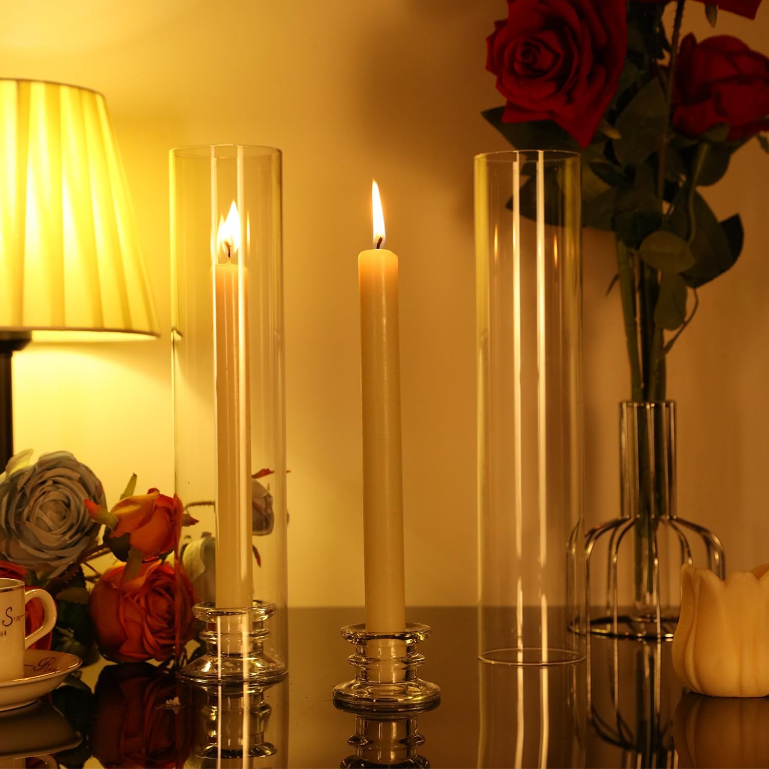 6 Sets Modern Candle Stand with Chimney Cover Taper Candle Holders Glass Hurricane Candle Holder for Tapered Candles 12inch Large Crystal Candlestick Holder Stand with Cylinder Sleeves for Wedding - Image 3