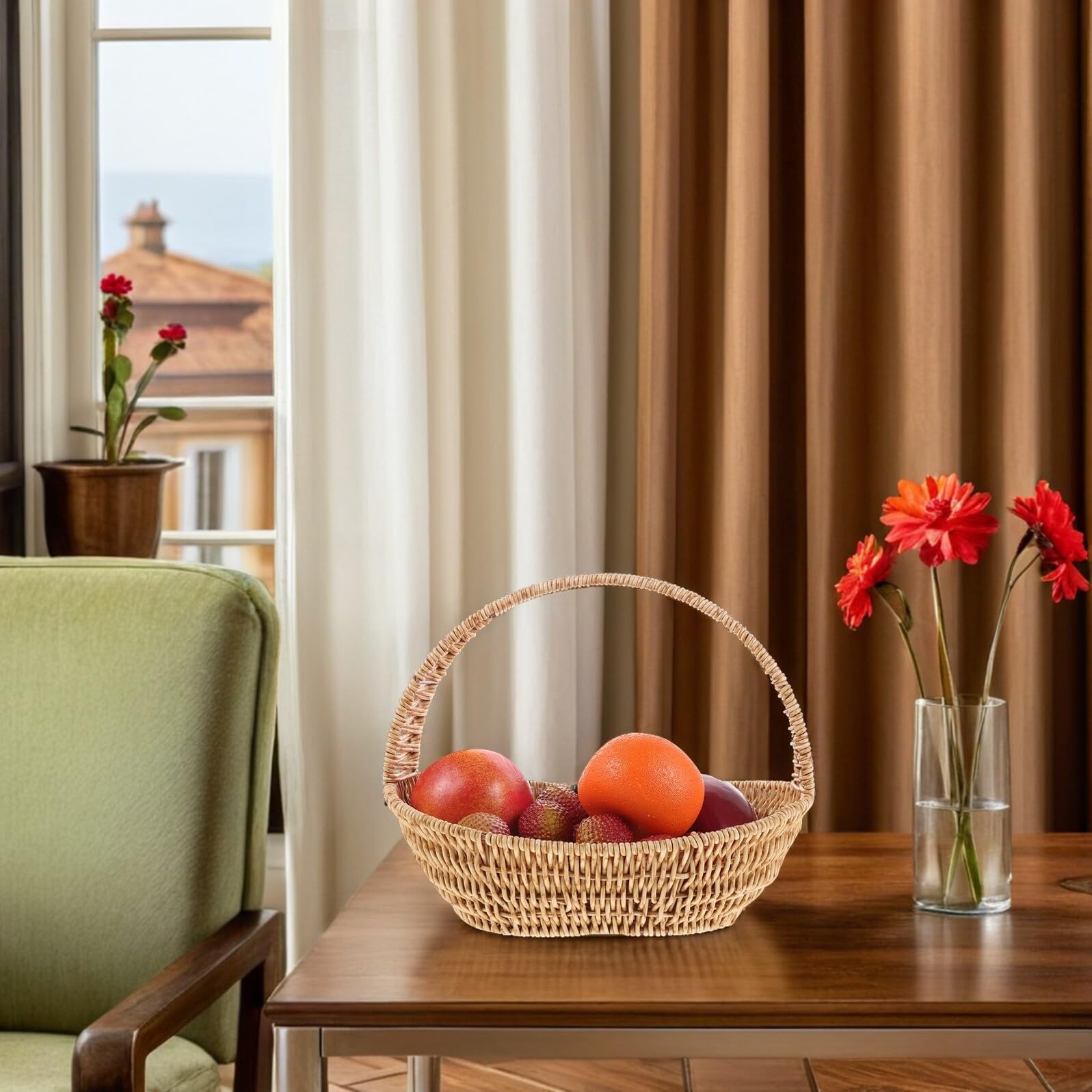 Cesto di Fiori in Imitazione Rattan con Manico, Plastico | Ferro, per Greenery e Fiori, Living Rooms e Wedding Party Favor, Stile Rustico Raffinato Farmhouse