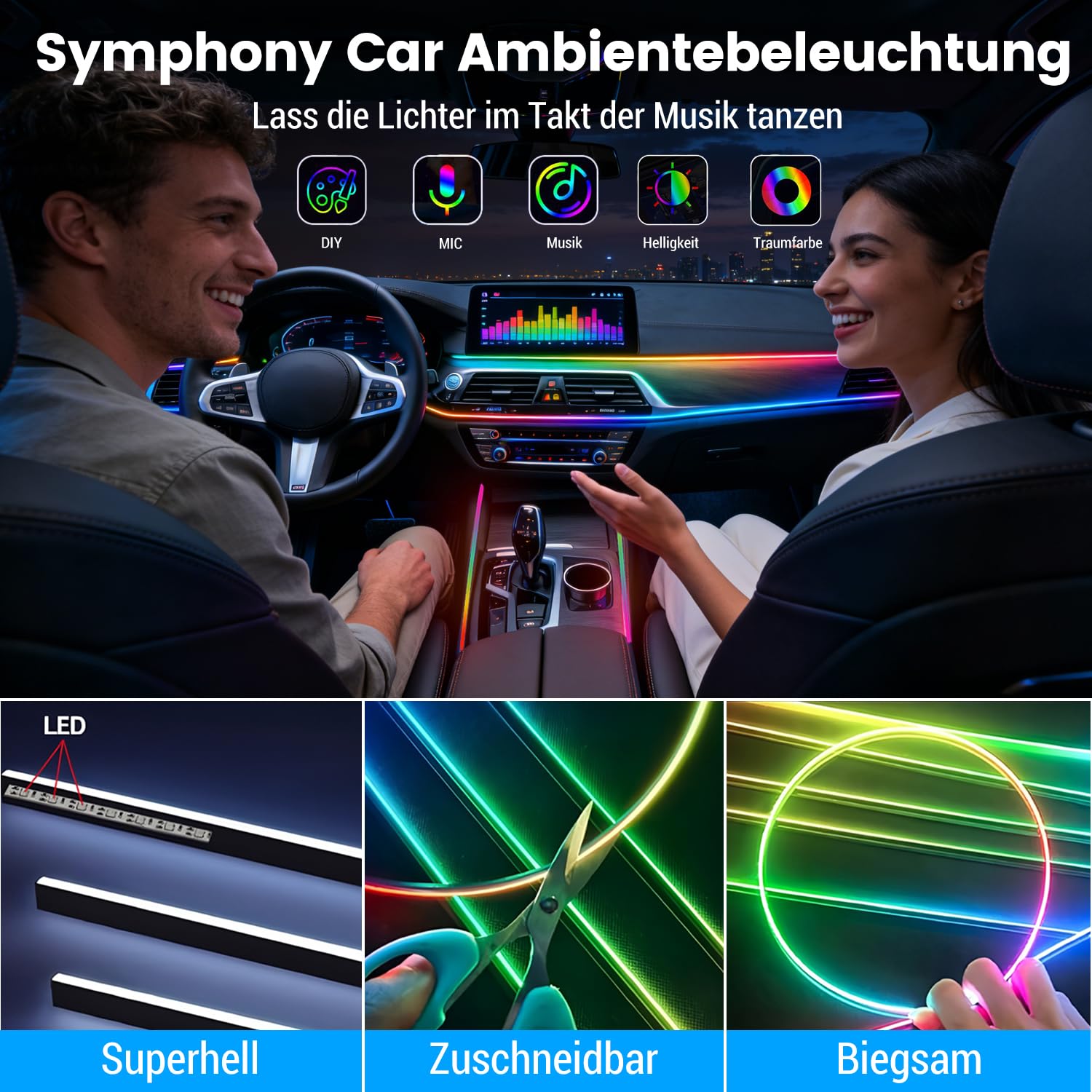 HMYC Luci per interni in acrilico a colori sognante per auto, 2 pezzi 110cm/43,3 pollici 128 striscia LED colorata per auto RGB in fibra ottica arcobaleno, luci neon per atmosfera dinamica universale