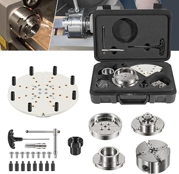 4 Inch Wood Lathe Chuck Set 1 x 8 tpi Thread & 3/4x16 tpi Adapter, Self Centering 4 Jaw Wood Turning Chuck set with 3 frequently used types of Jaws