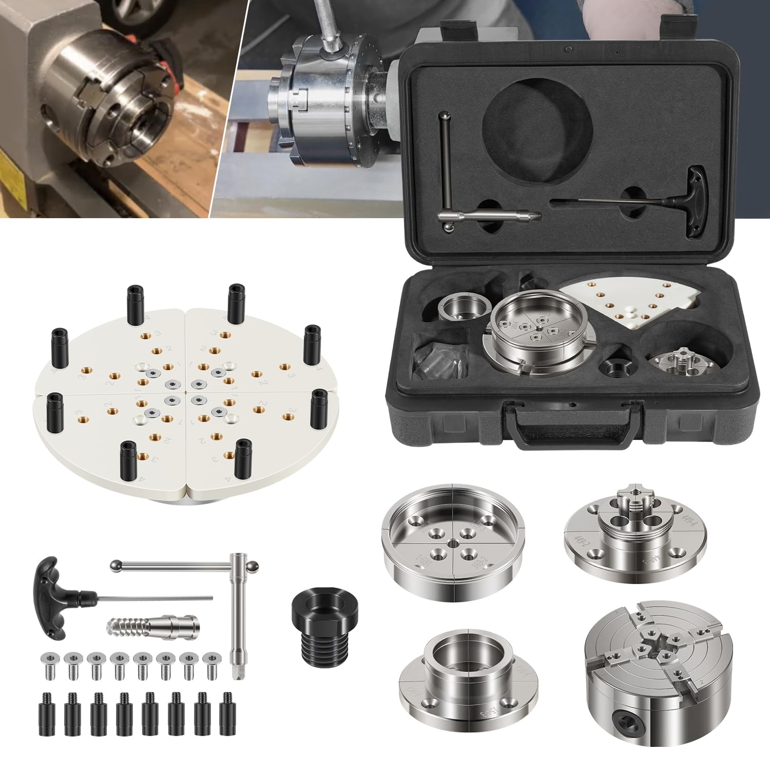 4 Inch Wood Lathe Chuck Set 1" x 8 tpi Thread & 3/4"x16 tpi Adapter, Self Centering 4 Jaw Wood Turning Chuck set with 3 frequently used types of Jaws