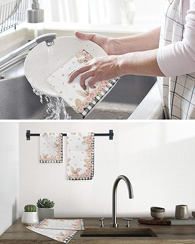 Miniatura 6 de Juego de 2 toallas de cocina de tejido de punto gofre de algodón, con orejas de conejo de Pascua, huevos florales de primavera, a cuadros, 16 x 24