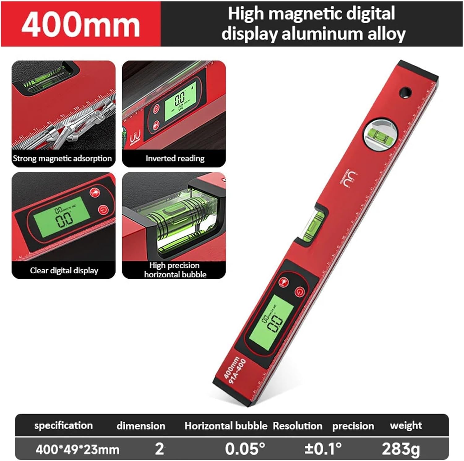 Digital Angle Finder, 30/40/50cm Electronic Digital Display Level Ruler Magnetic Angle Meter Aluminum Alloy Protractor Inclinometer 90 Degree,Angle Finder(Red-40cm)