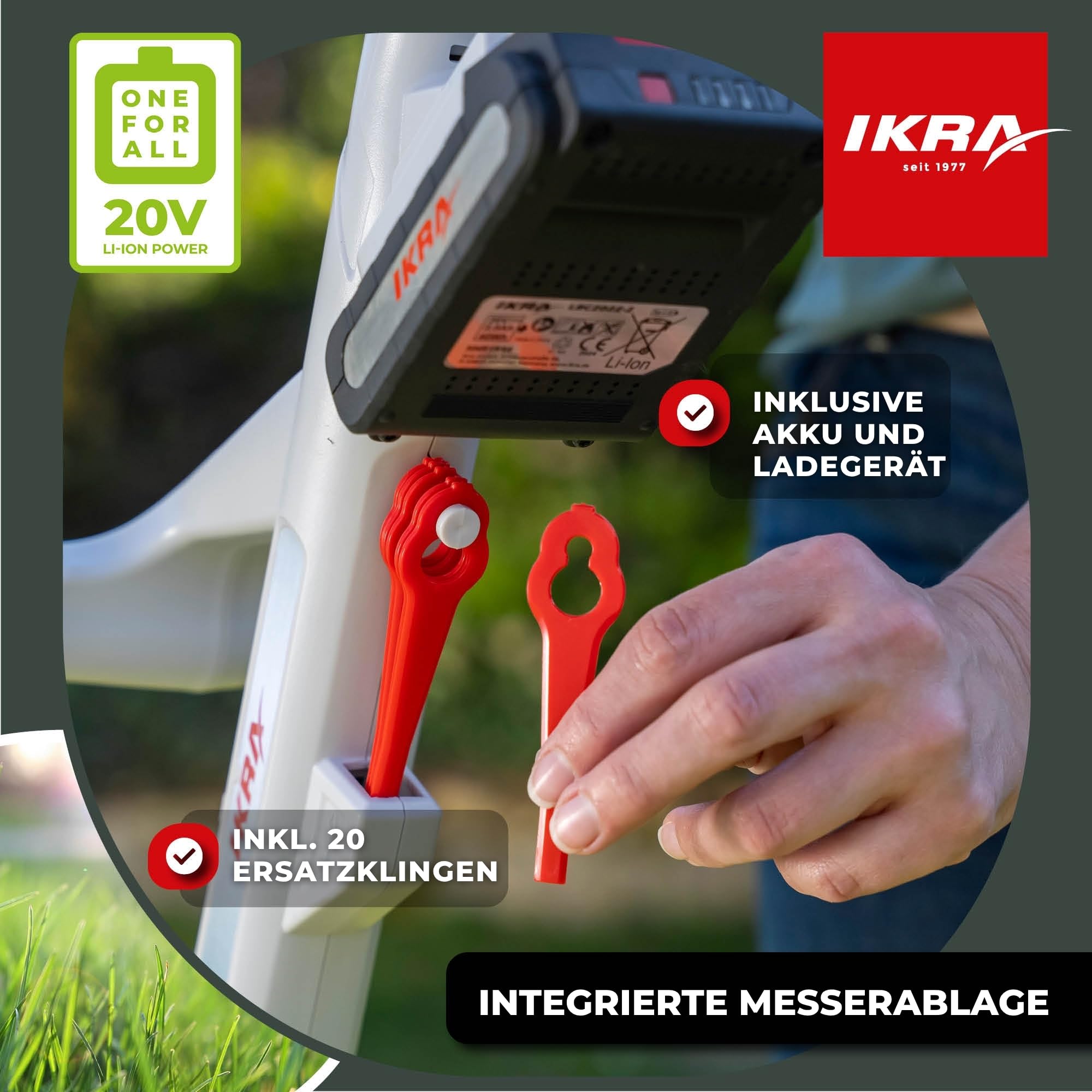 IKRA 2in1 Akku Rasentrimmer IART 2025 inkl. Fadenspule & 20 Nylonmesser | Inkl. Akku 20V 2,0Ah & Ladegerät, 2 Schneidsysteme, Teleskop-Höhenverstellung, 1,9kg leicht, 20 Volt Akku-Familie von IKRA