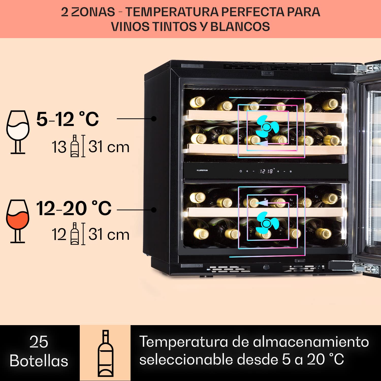 Klarstein Vinoteca de Pie, Nevera para Vinos de Dos Zonas Refrigeración, Nevera para Cervezas Pequeña de Interior/Exterior Puerta de Cristal, Nevera Protección UV, 5-18°C, Botellero 25 Botellas