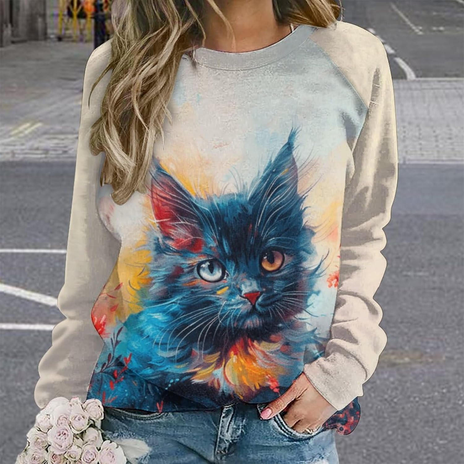 Womens novelty funny cat printed crewneck sweatshirt casual loose long sleeve graphic pullover sweatshirts tops - Image 2
