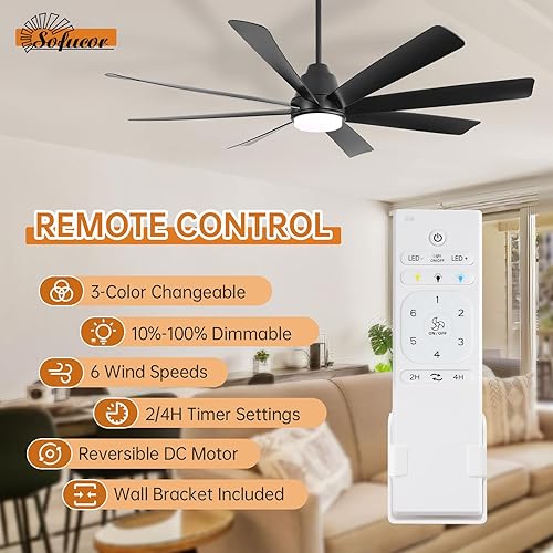 Miniatura 9 de Sofucor Ventiladores de techo de 72 pulgadas con luces y control remoto, ventilador de techo negro para exteriores con luz de 6 velocidades, 3 CCT