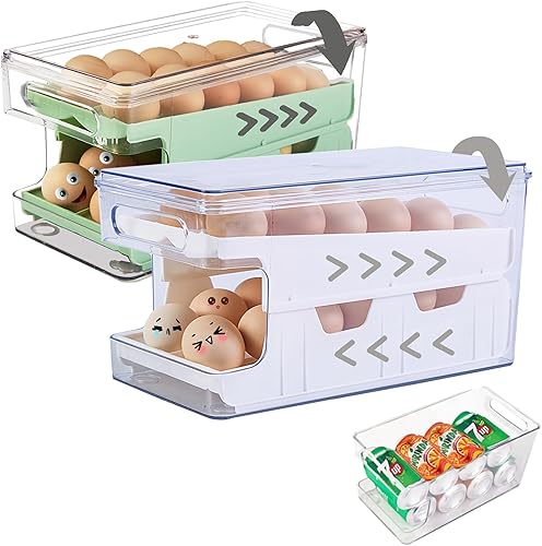 Miniatura 1 de ZSTEA Soporte rodante para huevos para refrigerador, organizador de 24 huevos y 2 capas, ahorra espacio y es conveniente (blanco + verde)