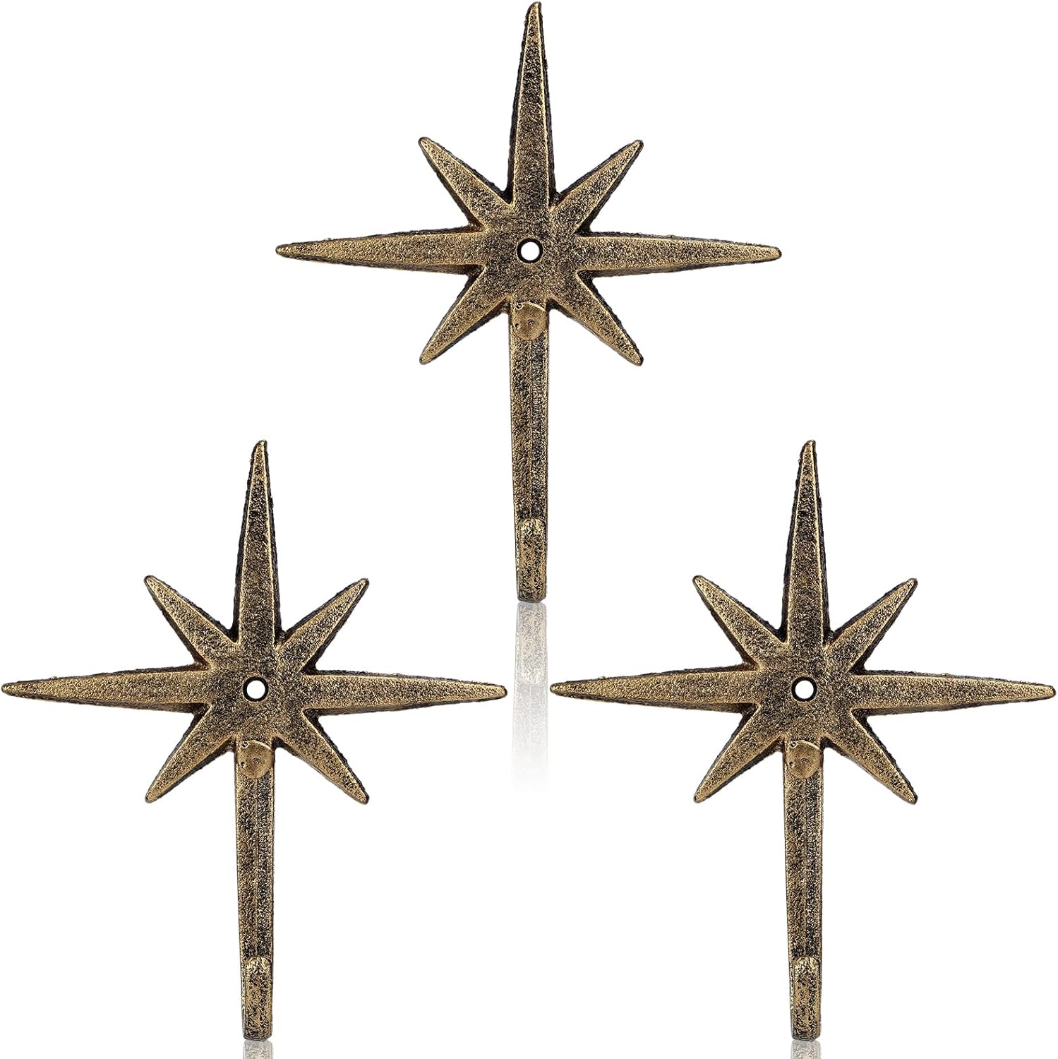 3 Pcs Cast Iron 8 Pointed Atomic Starburst Wall Hooks Mid Century Modern Elegance Easy Install Coat Hooks for Vintage and Eclectic Decor Coats Aprons Hats Towels