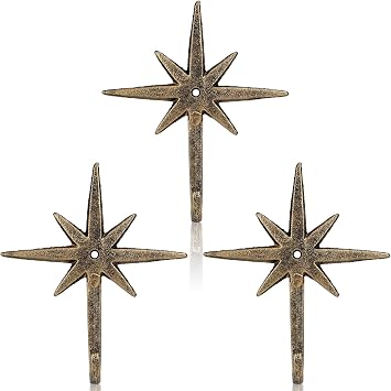 3 Pcs Cast Iron 8 Pointed Atomic Starburst Cute Wall Hooks Mid Century Star Hooks Modern Decor Easy Install Decorative Towel Hook for Coats Aprons Hats Vintage and Eclectic Decor