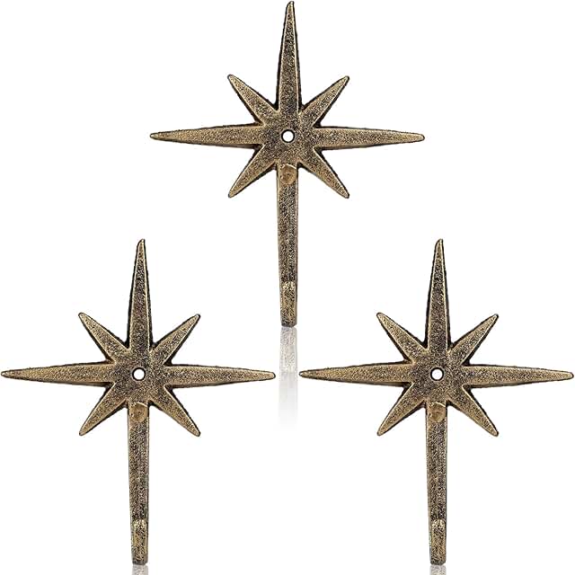 3 Pcs Cast Iron 8 Pointed Atomic Starburst Cute Wall Hooks Mid Century S...