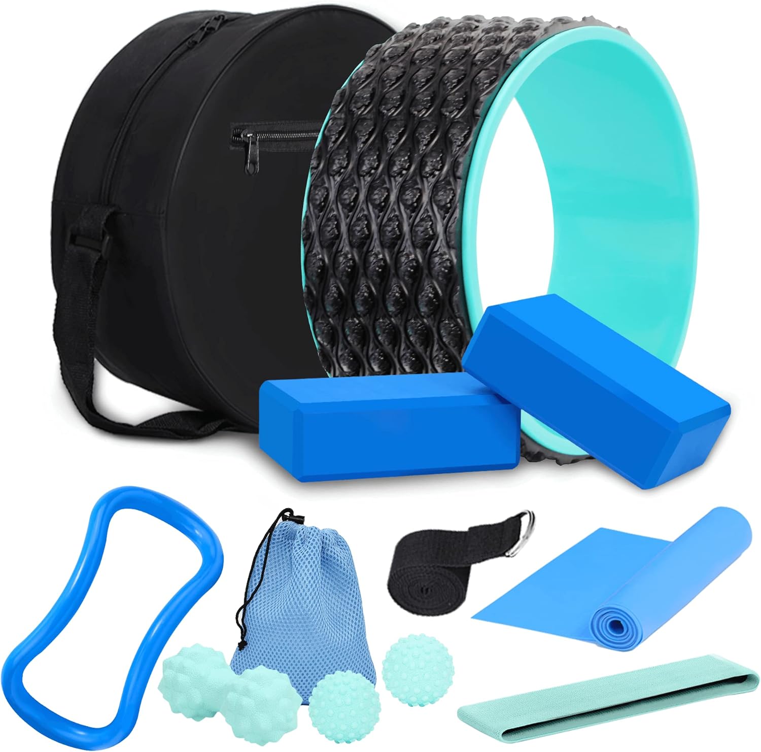 THYWD Yoga Wheel 12 in 1 Set with Back Cracker Roller for Pain Relief & Deep Tissue Massage Yoga Blocks 2 Pack with Yoga Ring, Yoga Accessory for Stretching Equipment, Yoga Starter Kit for Beginner : Sports & Outdoors