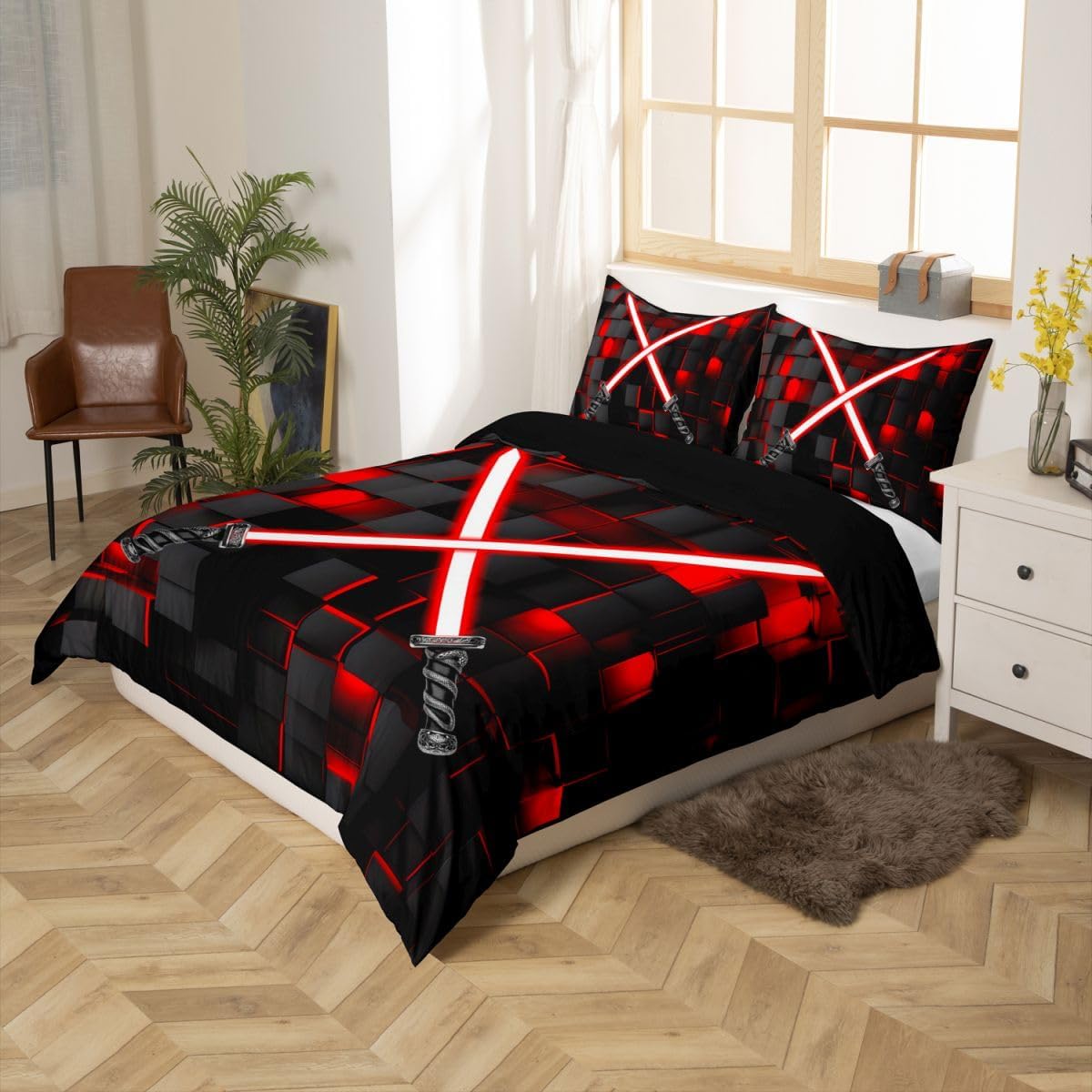 jejeloiu Red and Black Bedding Set Toddler Size Kids Lightsabert Comforter Cover Set for Boys Teens Future Technology Duvet Cover Luxury Bedspread Cover Room Decor,No Comforter