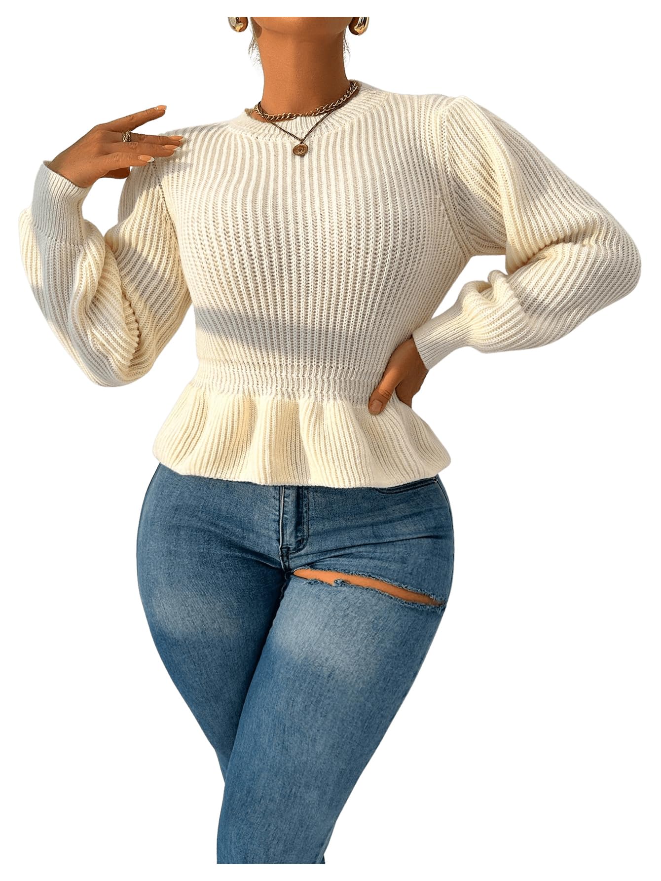 GORGLITTER Womens Peplum Sweater Crew Neck Long Sleeve Ruffle Hem Cute Pullover Tops Fall Outfits