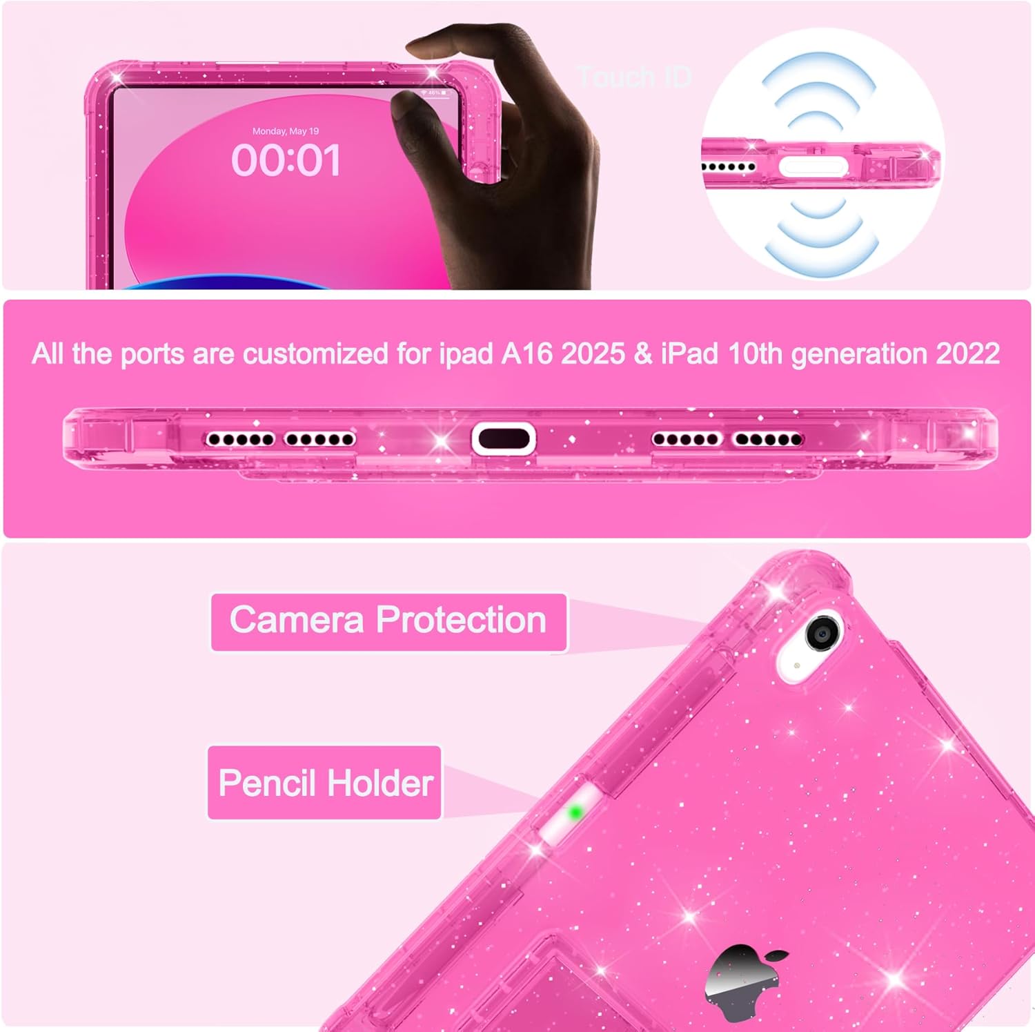 Rantice Case for iPad A16 11-inch 11th Generation, iPad 10th Generation Case 10.9 Inch, Pencil Holder & Kickstand - Slim, Glittery and Shockproof Bumper for Women and Girls, Rosered Glitter - Image 3