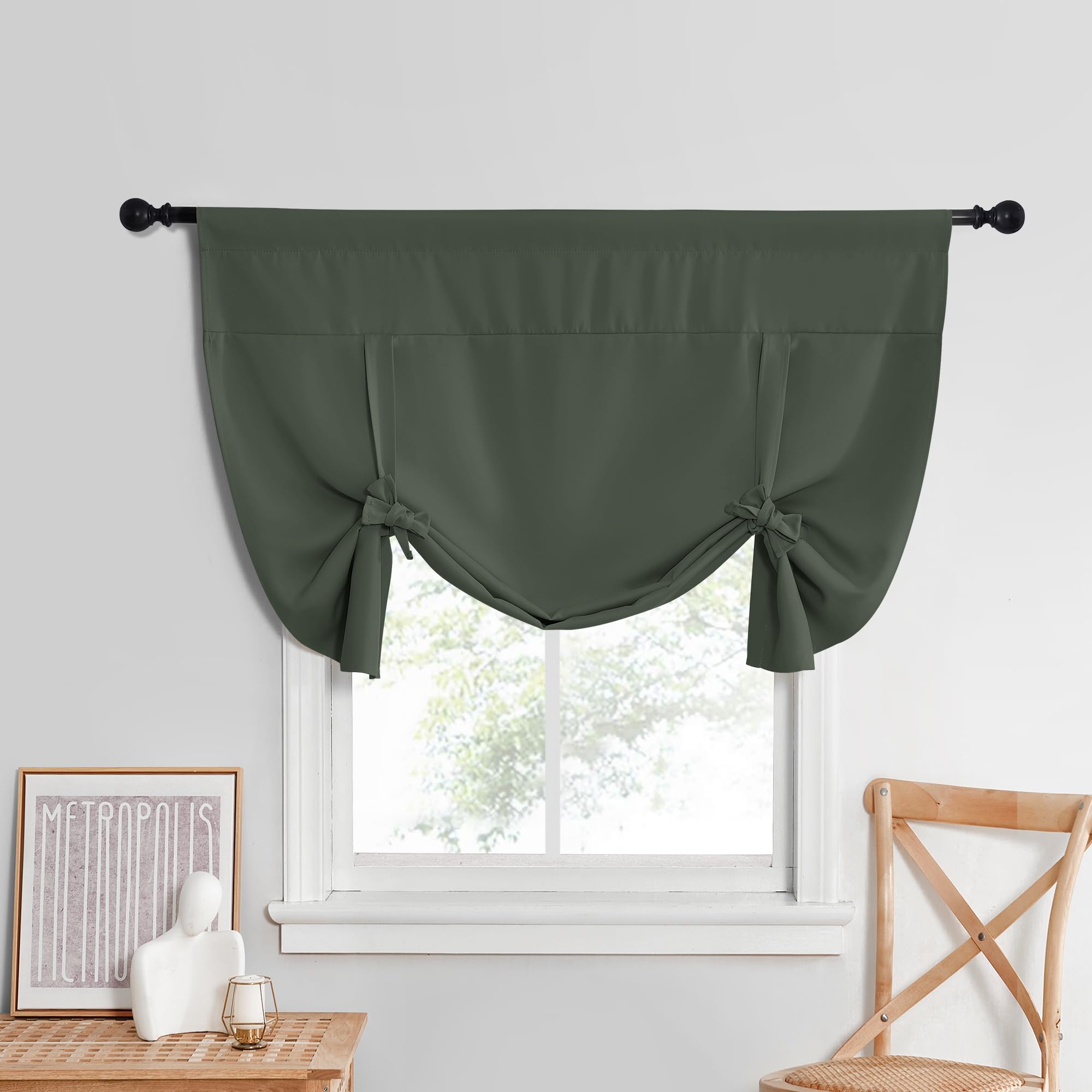 NICETOWN Thermal Insulated Blackout Curtain Tie Up Shade for Small Window Short Balloon Shade, Thermal InsulatedWindow Valances for Classroom Office Decor, W52 X L45, 1 Piece, Dark Mallard