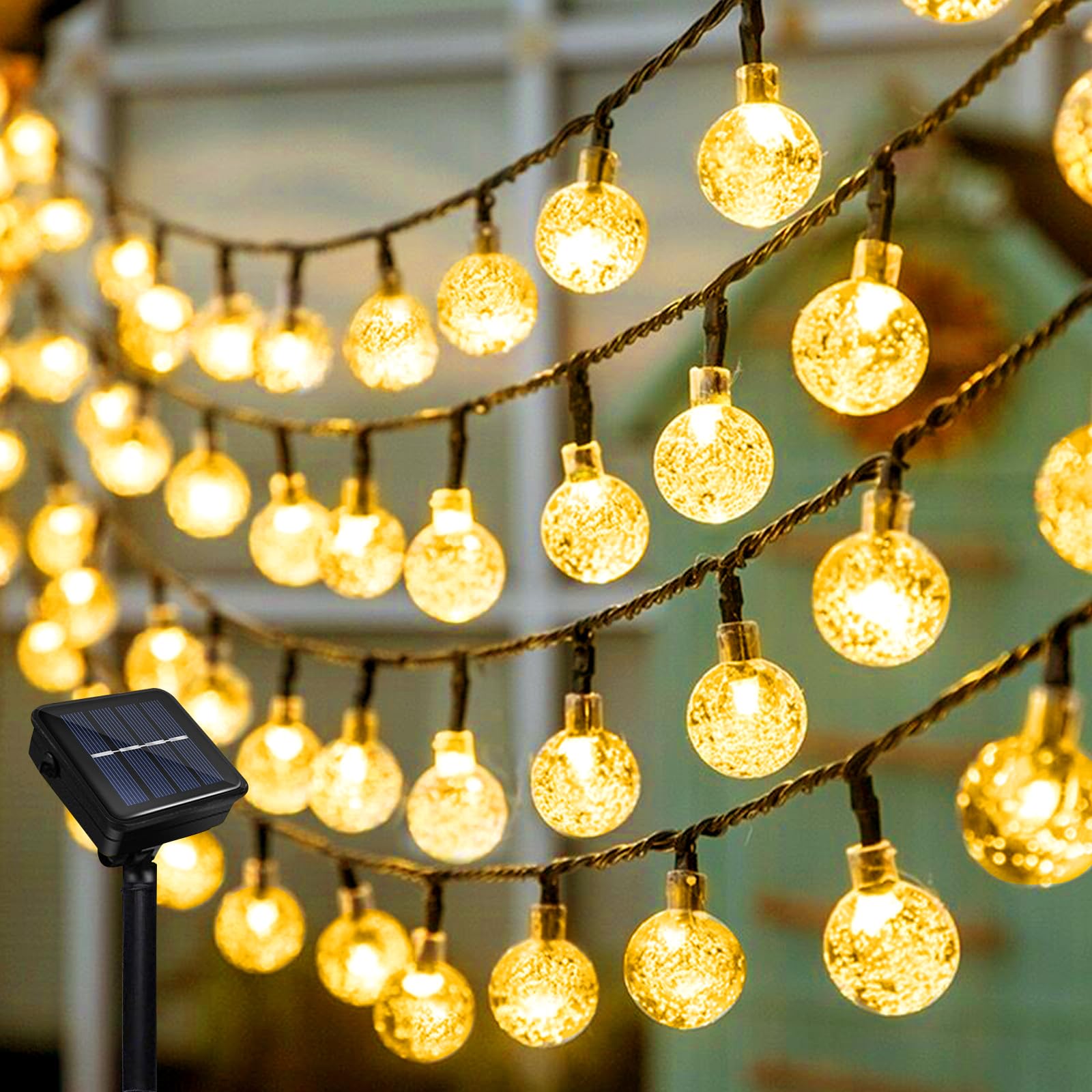 Micacorn Guirnalda Luces Exterior Solar, 12 Metro 8 Modos 100 LEDs Solar Bola de Cristal Luces, Lámpara de Cuento de Hadas Impermeable para Bodas Jardines Bodas Decoración Navideña