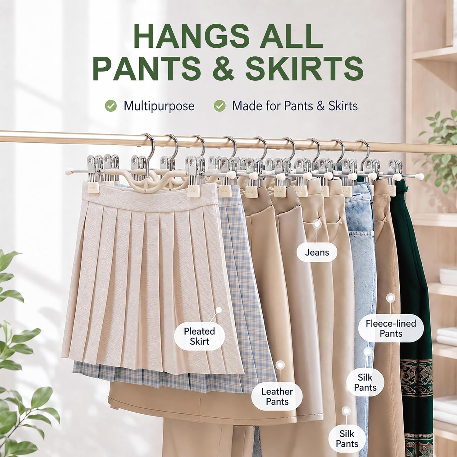 Space Saving Pants Hangers with Clips for Skirts, 10 Pack