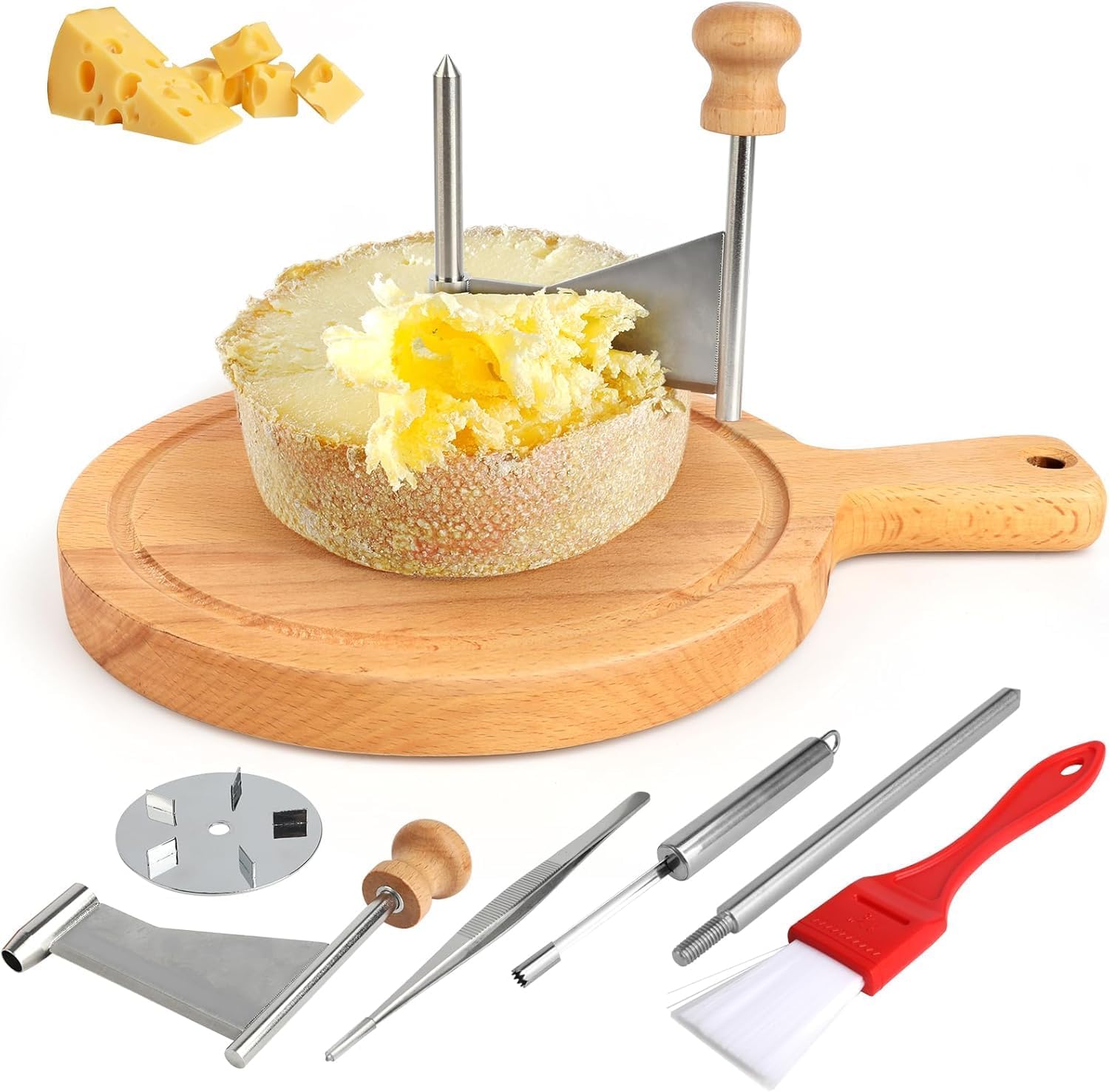 Girolle Cheese Shaver for Tête de Moine, Stainless Steel Curler with Stable Wood Base, Manual Wheel Cutter for Hard Cheese and Chocolate