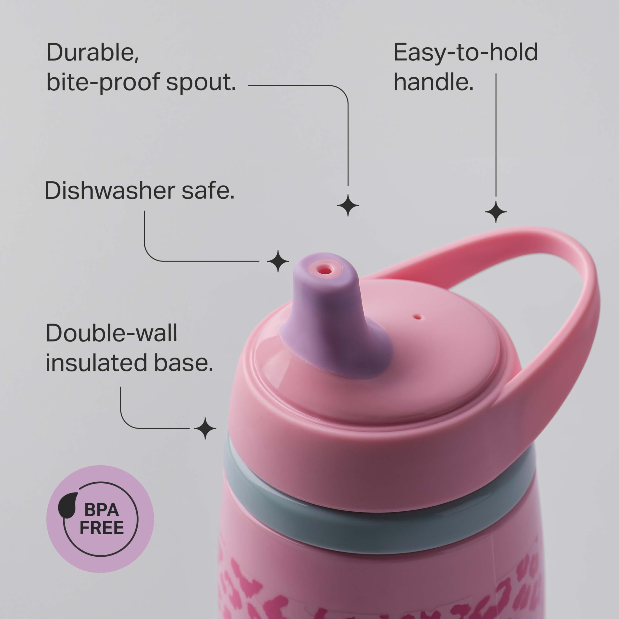 Tommee Tippee Insulated Active Spout Toddler Sippy Cup, 266ml, 12m+, Pack of 2, Leak-Proof Children's Water Bottle with Handle in Fun Colours and Animal Print, Pink & Purple — view 4