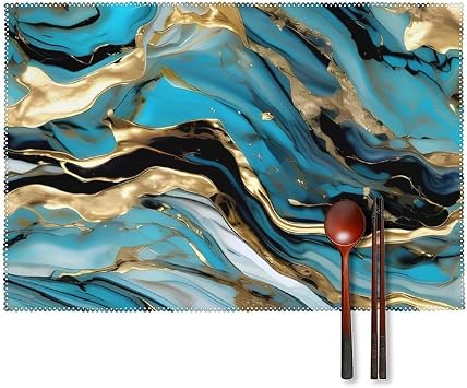 Placemats Set of 4 Wipeable Kitchen Dining Table Mats Heat Resistant Non-Slip Turquoise Blue Gold Marble Place Mats for Kitchen Dining Decor