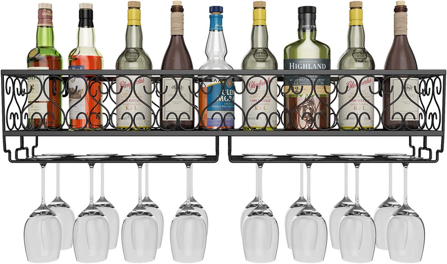 W-612 Wall-Mounted Wine Rack with Glass Holder - 80x20cm, Black - Holds 18 Bottles & 18 Stemware, Heavy Duty Metal