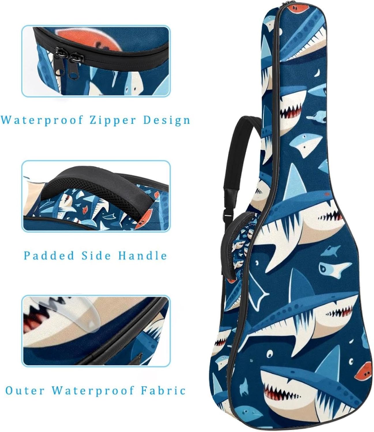 Acoustic Guitar Bag 0.4 Inch Thick Padding Waterproof Guitar Case Gig Bag for 40 41 42 Inch Electric Bass Classical Guitar, Cute Cartoon Ocean Shark Pattern