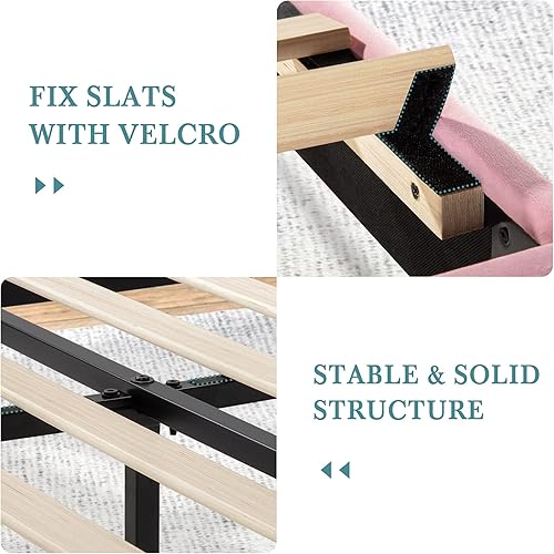 Miniatura 54 de HOOMIC Base de cama de plataforma de tamaño matrimonial con cabecera de canal vertical tapizada de terciopelo de felpa, no necesita somier, fácil