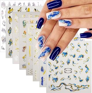 8 Sheets Marble Nail Art Sticker Gold Line Nail Stickers for Nail Art Self-Adhesive Cute Cat Flower Nails Design Sticker Spring Nails Decor 3D Floral Nails Supplies for Women Manicure Accessories