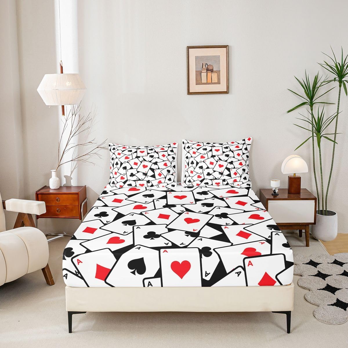 Retro Casino Poker Bed Sheets Queen Vintage Cards Game Fitted Sheet Retro Poker Games Bedding Set for Kids Boys Girls,Las Vegas Night Bed Cover 3 Pcs