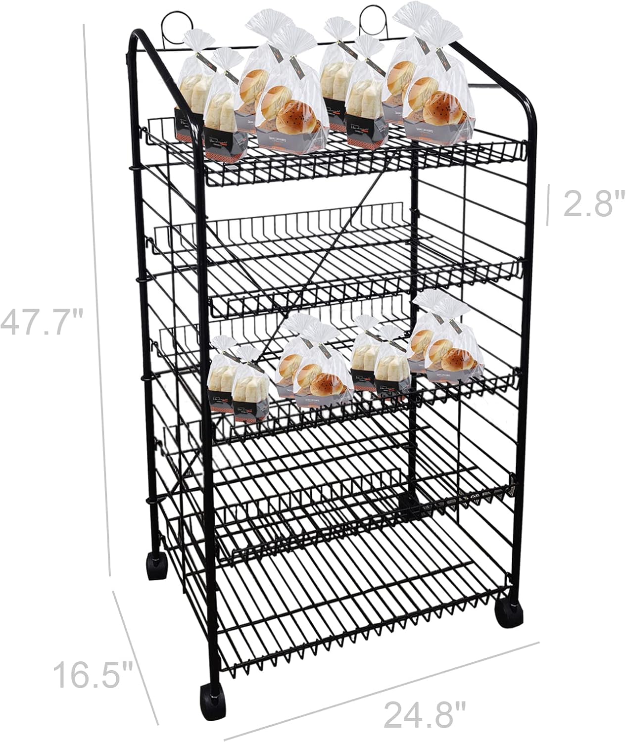 FixtureDisplays® 24.8" X 16.5" X 48" Bakery Display Rack w/Wheels, 5 Adjustable Shelves & 2 Sign Holders - Black 19409-NF