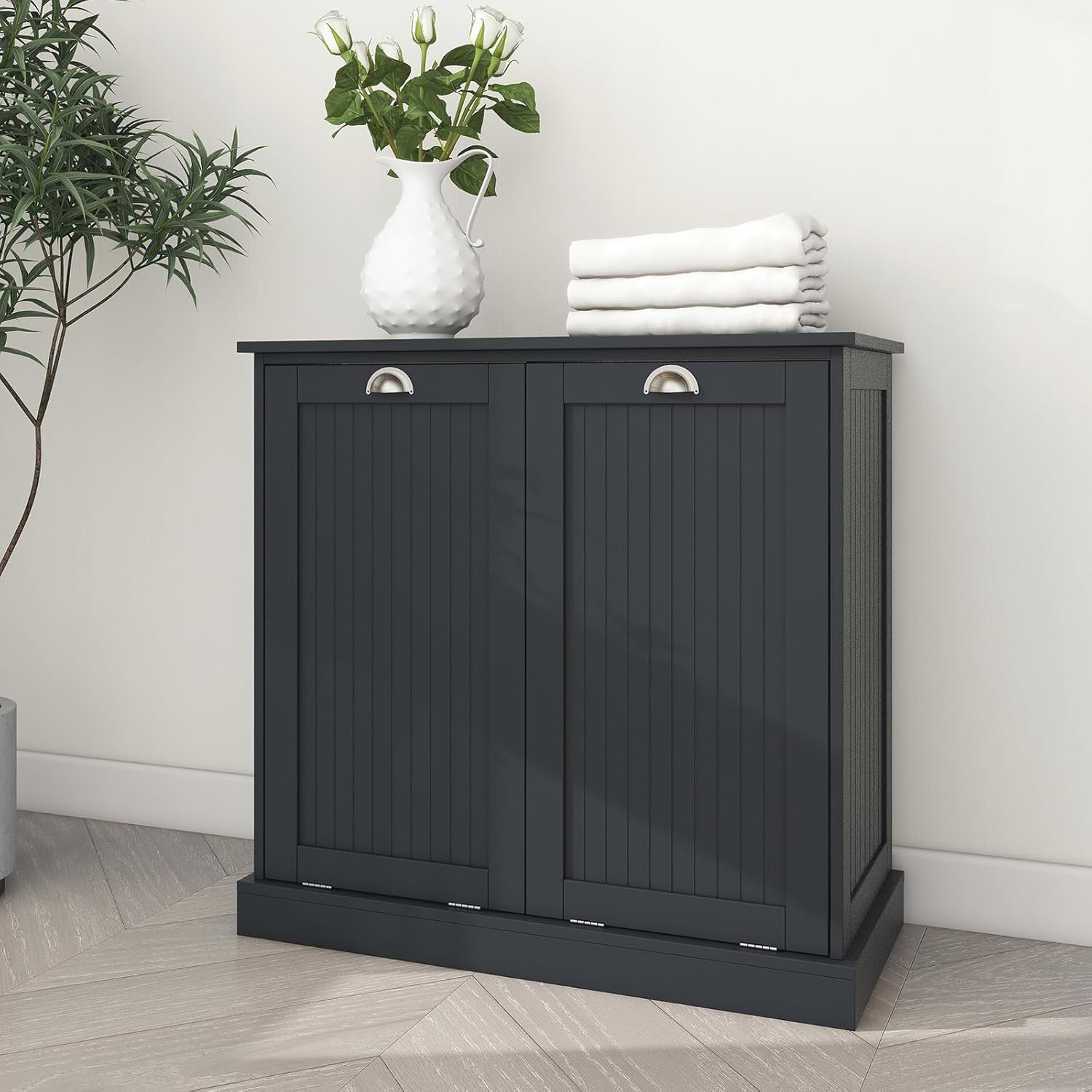 Tilt Out Laundry Hamper Cabinet with Removable Basket, Double Hidden Laundry Hamper Cabinet, Wood Bathroom Storage Cabinet, Free Standing Home Organizer, (Black)