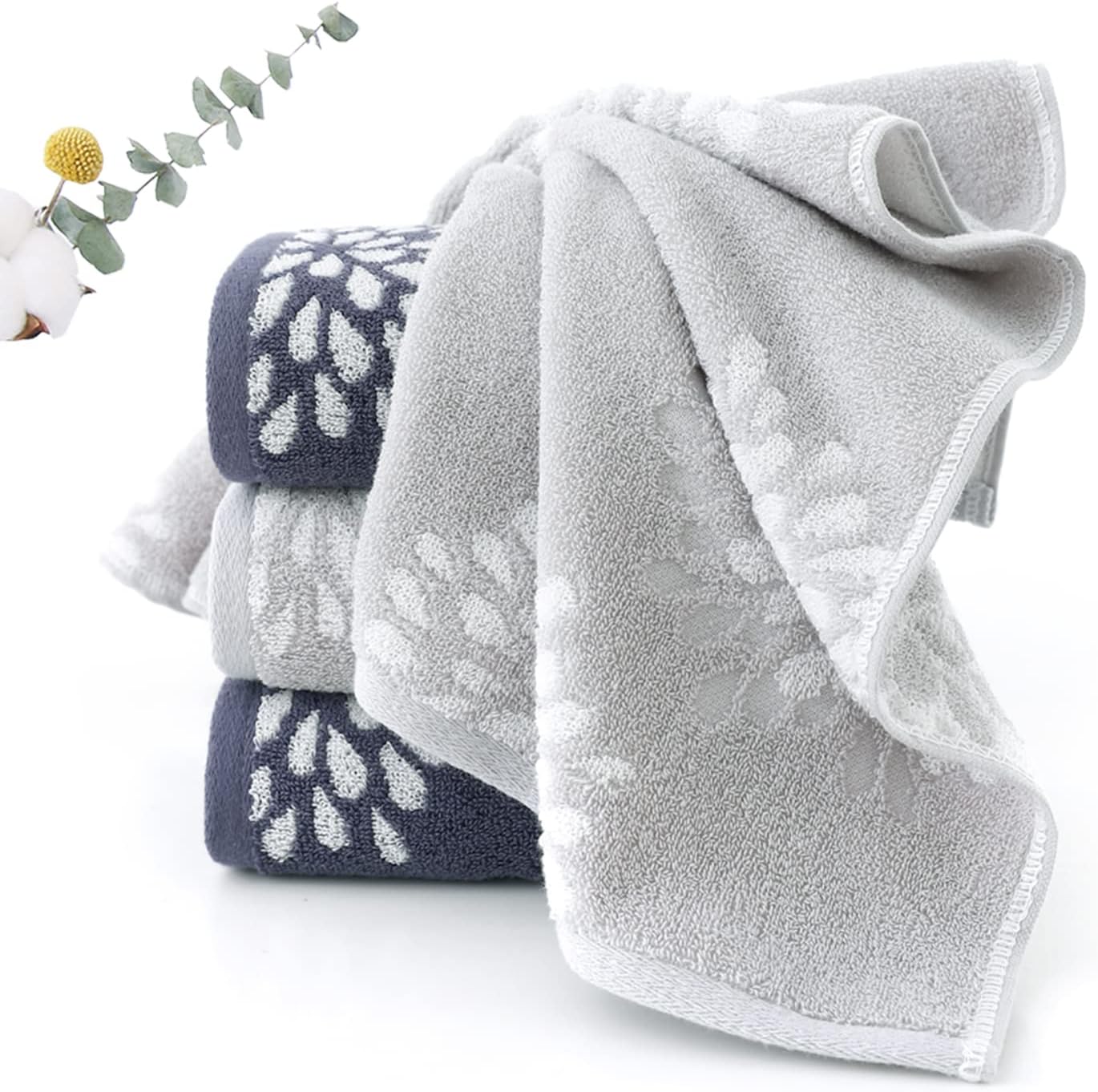 Pidada Hand Towels Set of 4 Hydrangea Floral Pattern 100% Cotton Absorbent Soft Decorative Towel for Bathroom (Light Grey & Denim Blue) - Image 4