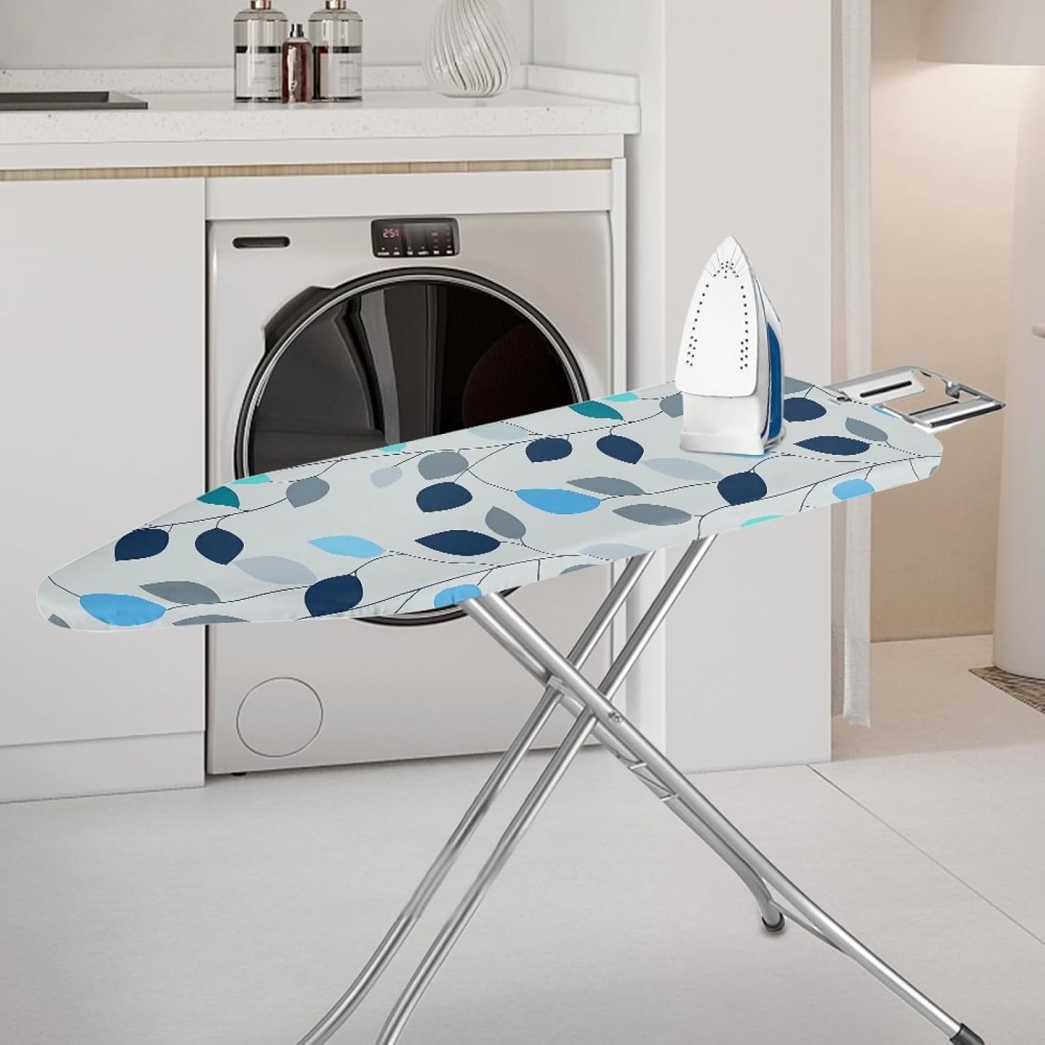 Iron Board Cover with Padding Standard Size Blue Teal Leaf Padded Ironing Board Covers 15x54 Heat Reflective Extra Thick Wide Non Stick Scorch and Stain Resistant Heatproof